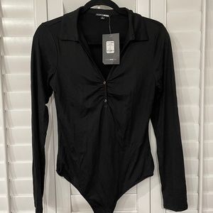 Black long sleeve, collared, stretch body suit - L - Fashion Nova